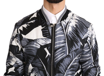 Black Silk Banana Leaf Print Bomber Jacket