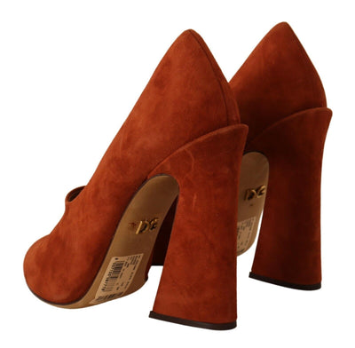 Brown Suede Leather Block Heels Pumps Shoes