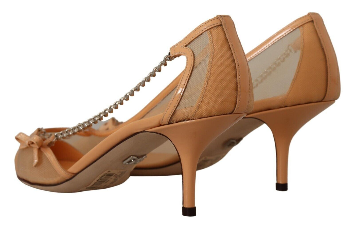 Peach Mesh Leather Chains Heels Pumps Shoes