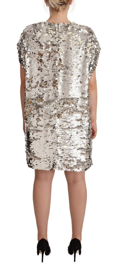 Silver Sequined Polyester Short Sleeves Shift Mini Dress