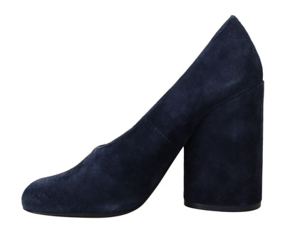 Navy Blue Suede Leather Block Heels Pumps Shoes