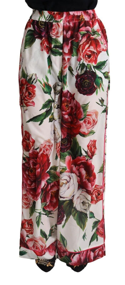 White Floral Print Mid Waist Wide Leg Pants