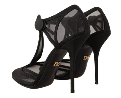 Black Mesh T-strap Stiletto Heels Pumps Shoes