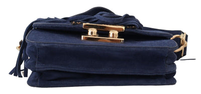 Blue Suede Gold Applique Logo Shoulder Handbag Bag