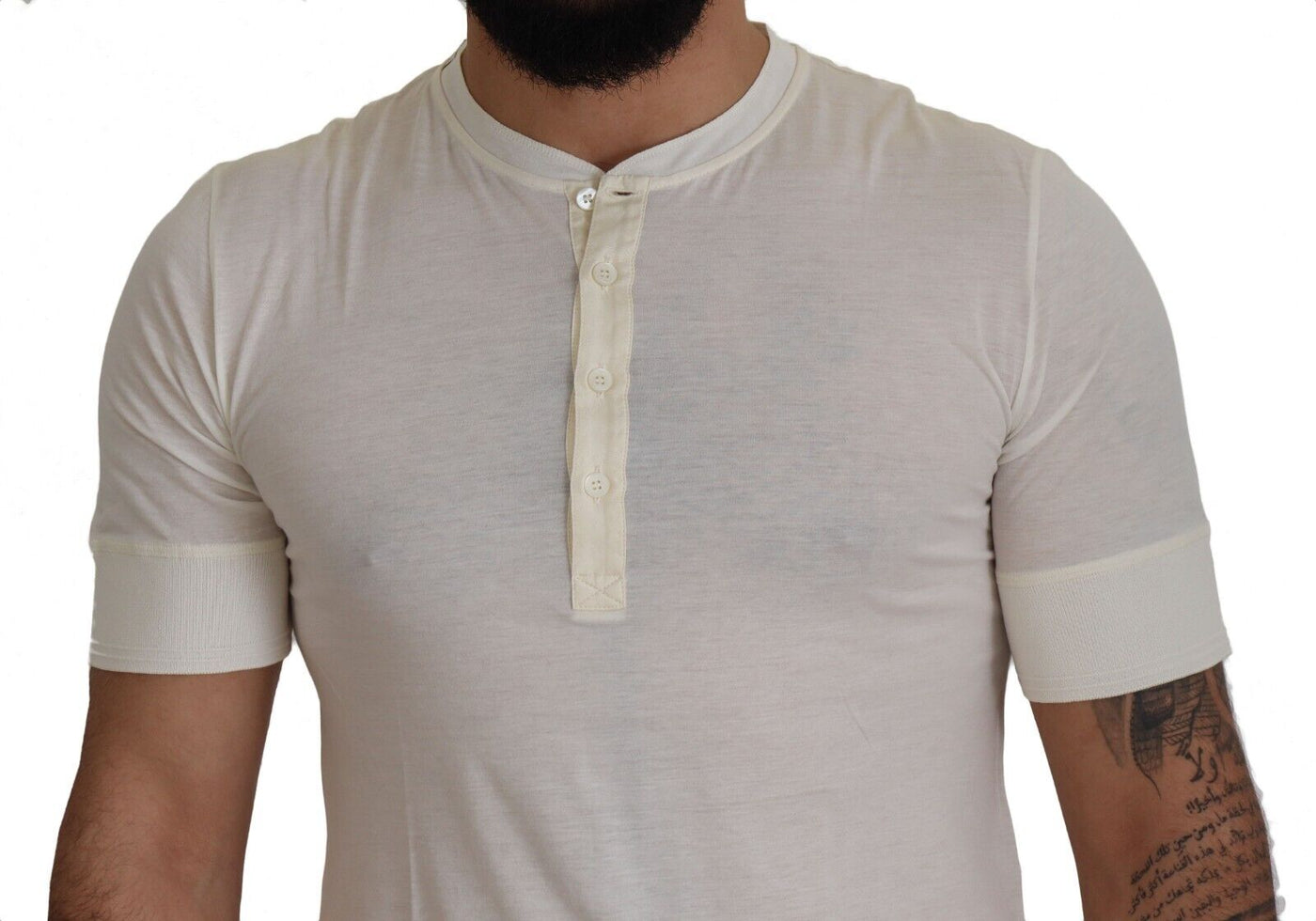 White Short Button Closure Crewneck  T-shirt