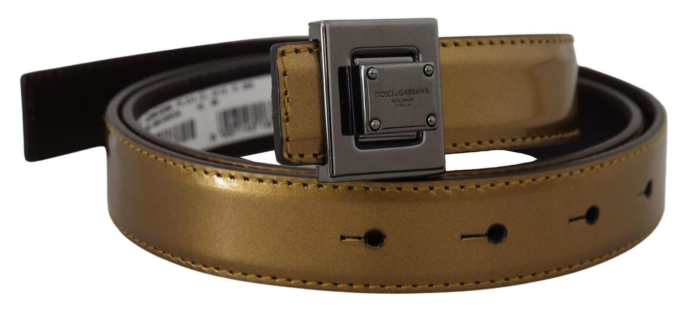 Gold Leather Silver Square Metal Buckle Belt