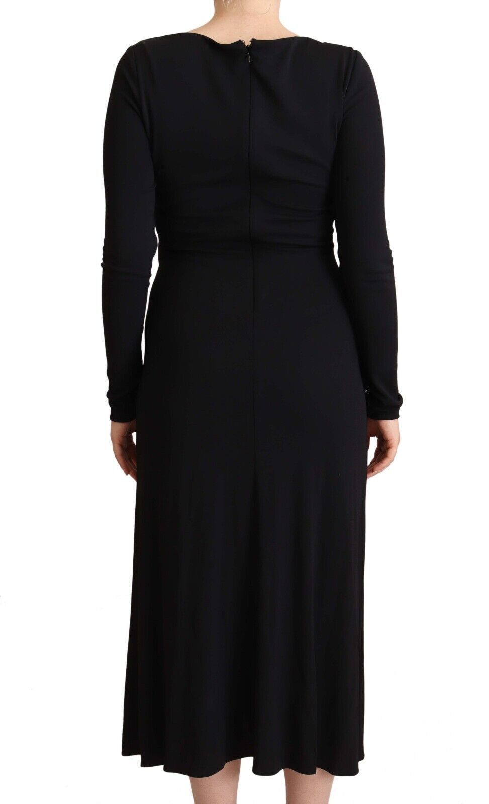 Black Nylon Stretch Long Sleeves Deep V-neck Maxi Dress