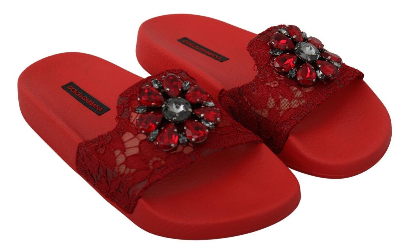 Red Lace Crystal Sandals Slides Beach Shoes