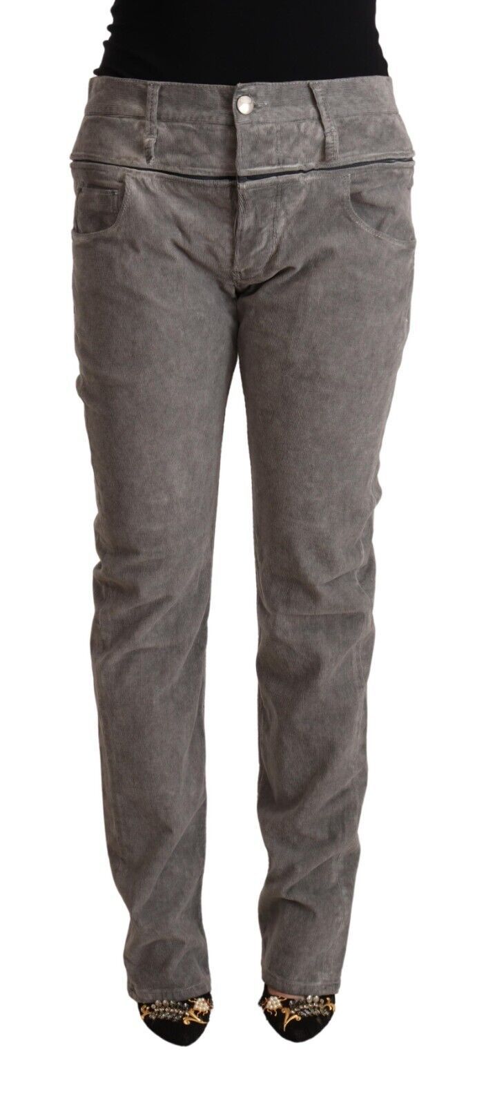 Gray Cotton Straight Fit High Waist Pants