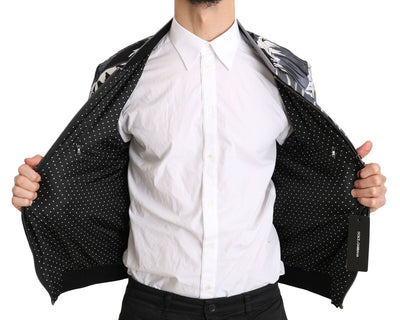 Black Silk Banana Leaf Print Bomber Jacket