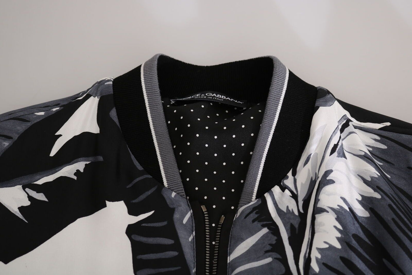 Black Silk Banana Leaf Print Bomber Jacket