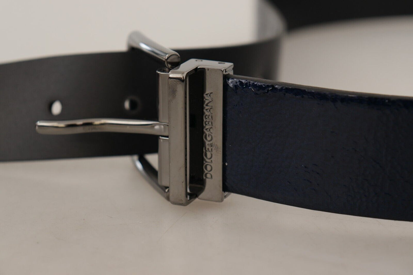 Blue Patent Leather Vernice Silver Logo Buckle Belt