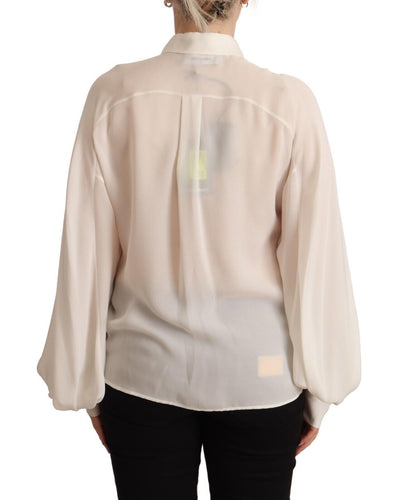 Off White Silk Long Sleeves Collared Blouse Top