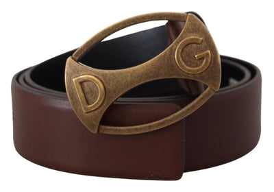 Brown Leather Gold Logo Metal Oval Belt