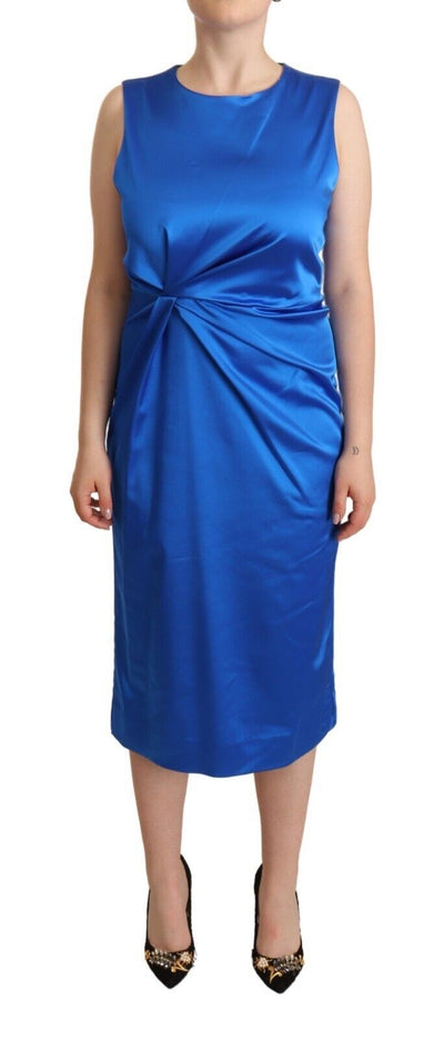 Blue Acetate Sleeveless Pleated Midi Sheath Dress