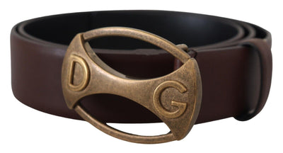 Brown Leather Gold Logo Metal Oval Belt