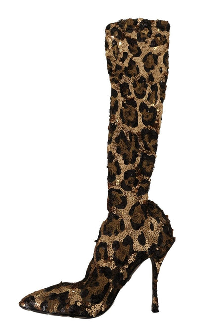 Gold Leopard Sequins Heels Boots Shoes