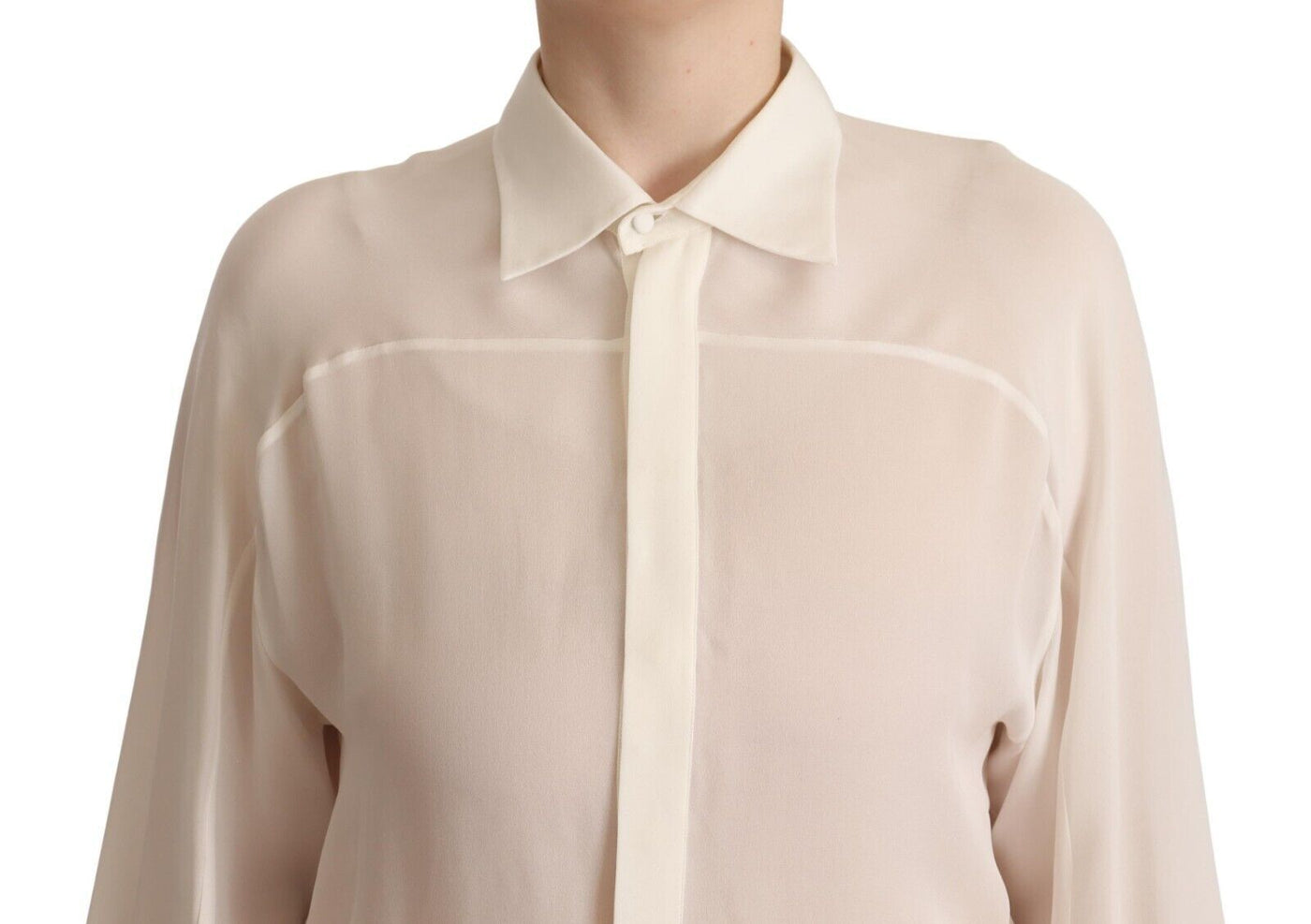 Off White Silk Long Sleeves Collared Blouse Top