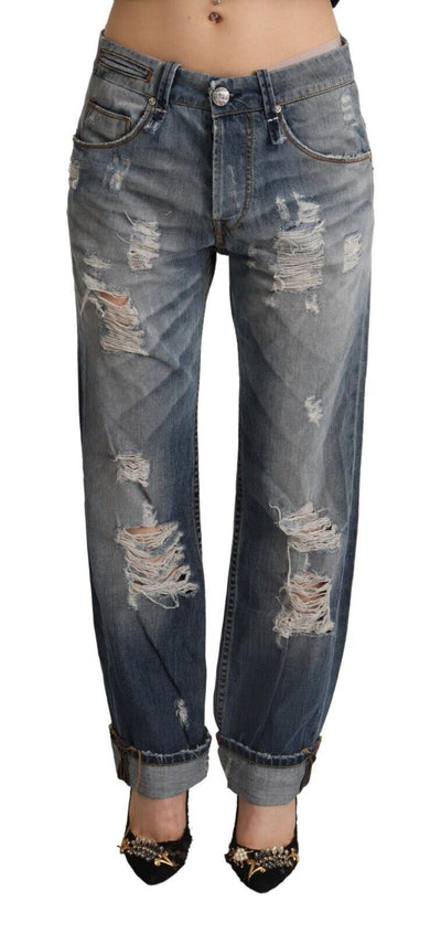 Blue Tattered Mid Waist Straight Denim Cotton Jeans