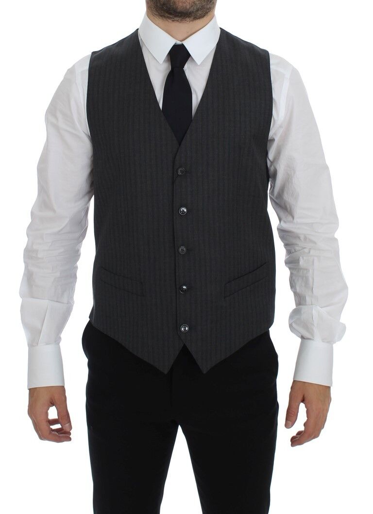 Black Striped Wool Single Breasted Vest