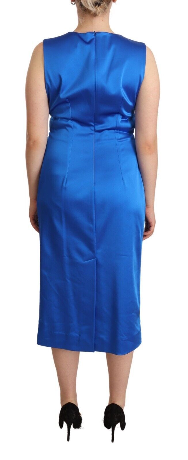 Blue Acetate Sleeveless Pleated Midi Sheath Dress