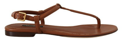 Brown Leather T-strap Slides Flats Sandals Shoes