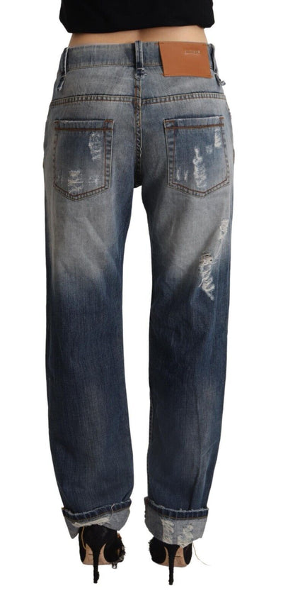 Blue Tattered Mid Waist Straight Denim Cotton Jeans