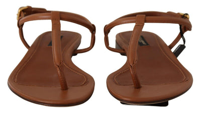 Brown Leather T-strap Slides Flats Sandals Shoes