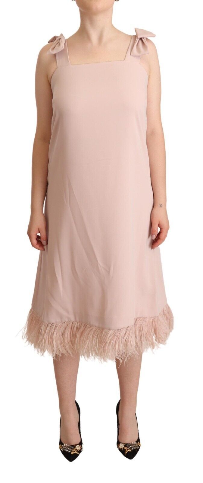 Pink Polyester Sleeveless Midi Feather Shift Dress