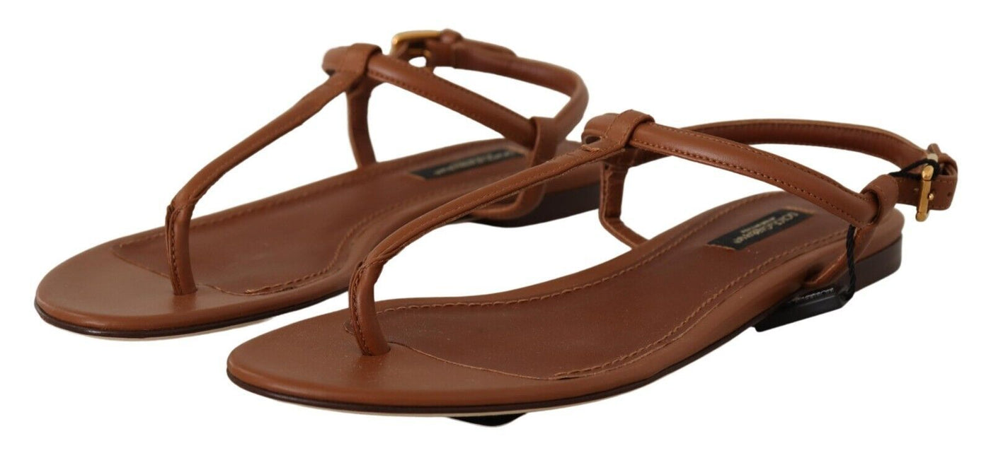 Brown Leather T-strap Slides Flats Sandals Shoes