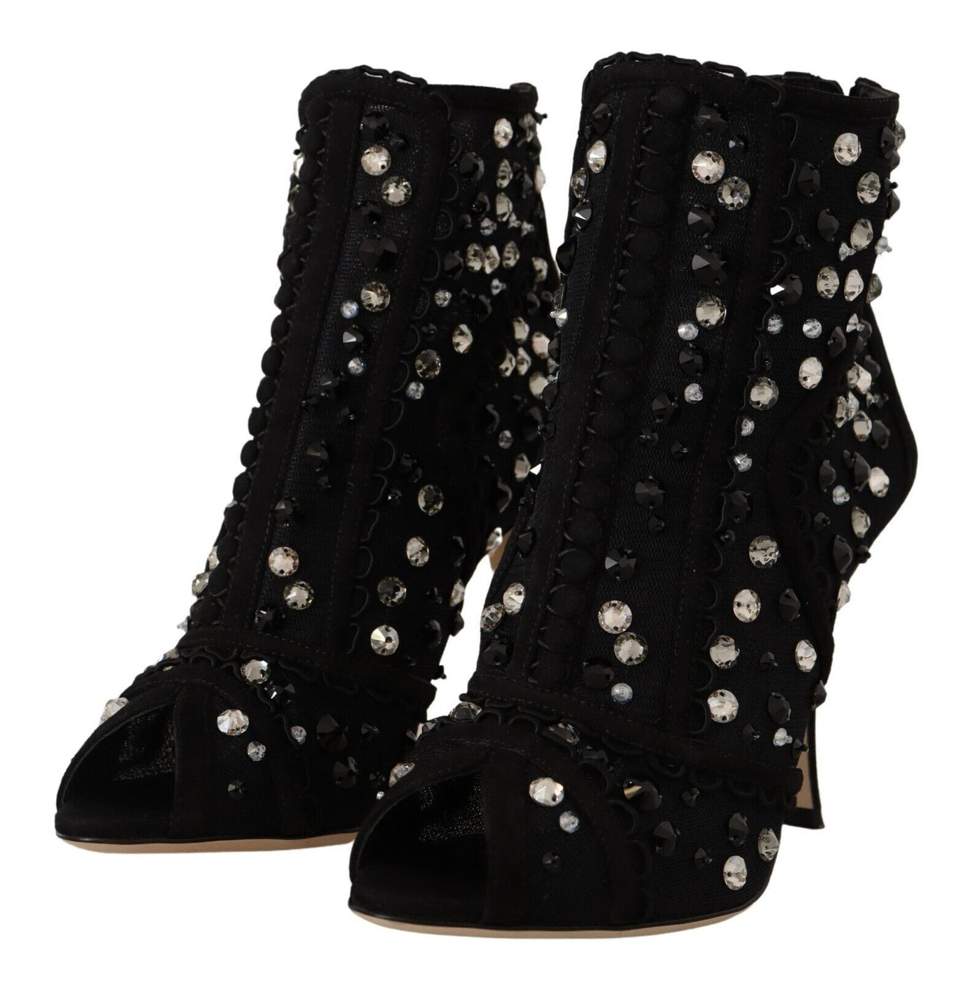 Black Crystals Heels Zipper Short Boots Shoes