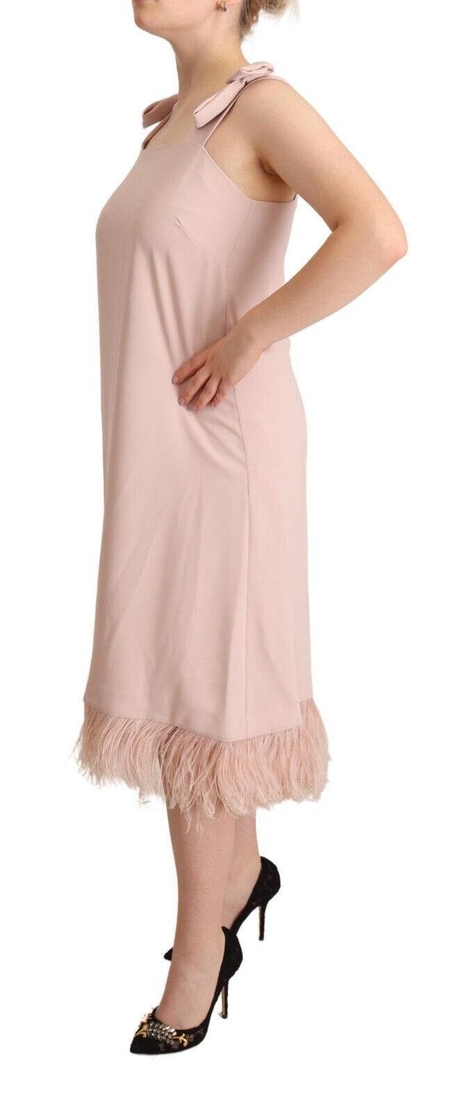 Pink Polyester Sleeveless Midi Feather Shift Dress