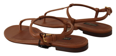 Brown Leather T-strap Slides Flats Sandals Shoes