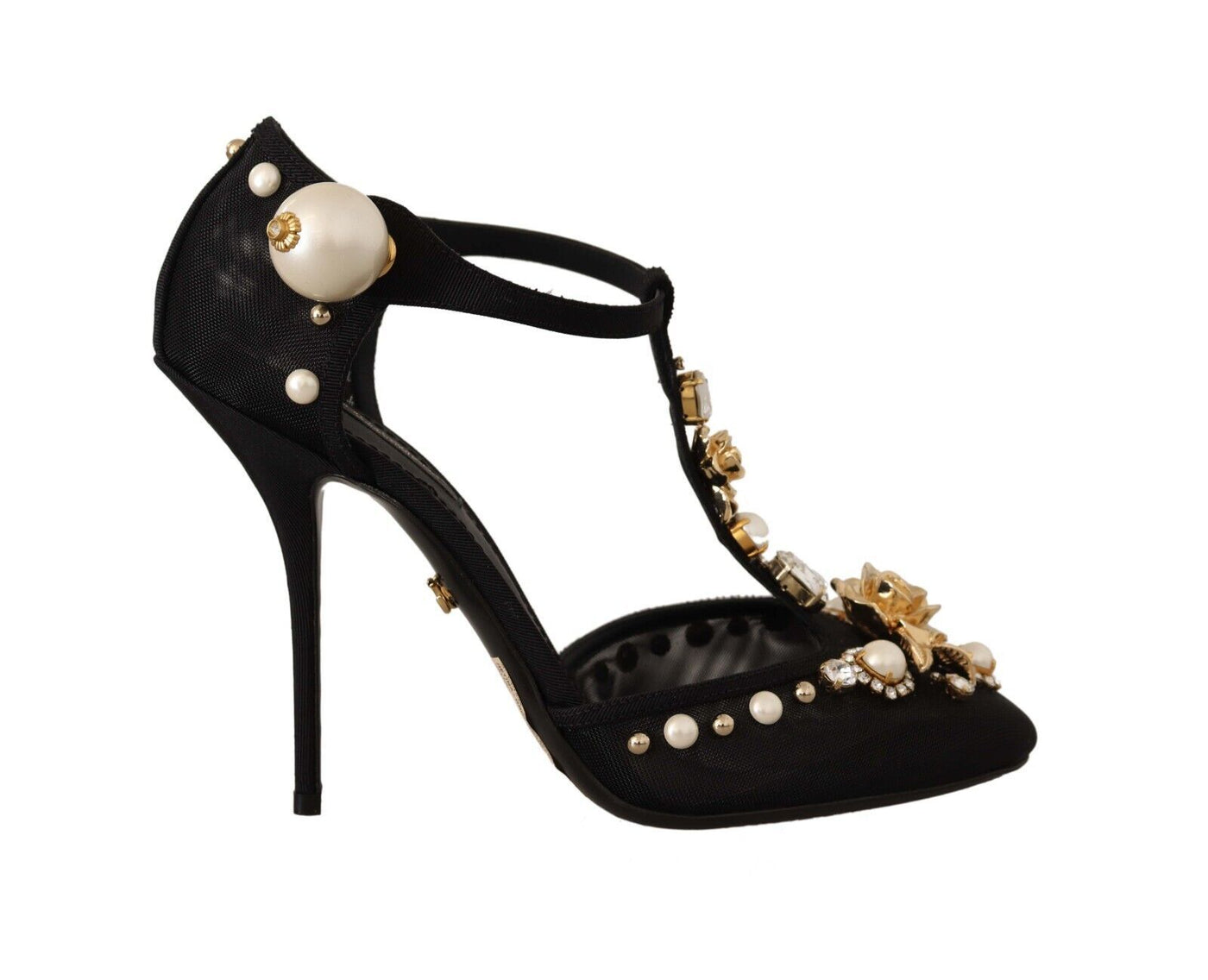 Black Faux Pearl Crystal Vally Heels Sandals Shoes