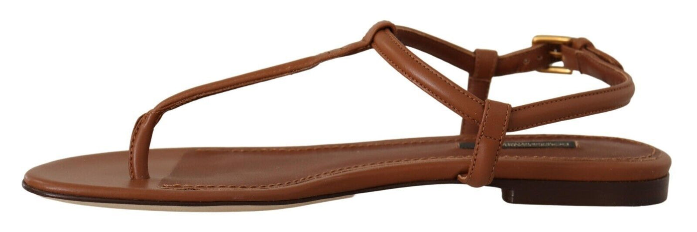 Brown Leather T-strap Slides Flats Sandals Shoes