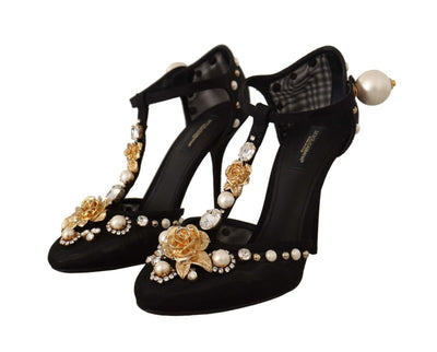 Black Faux Pearl Crystal Vally Heels Sandals Shoes