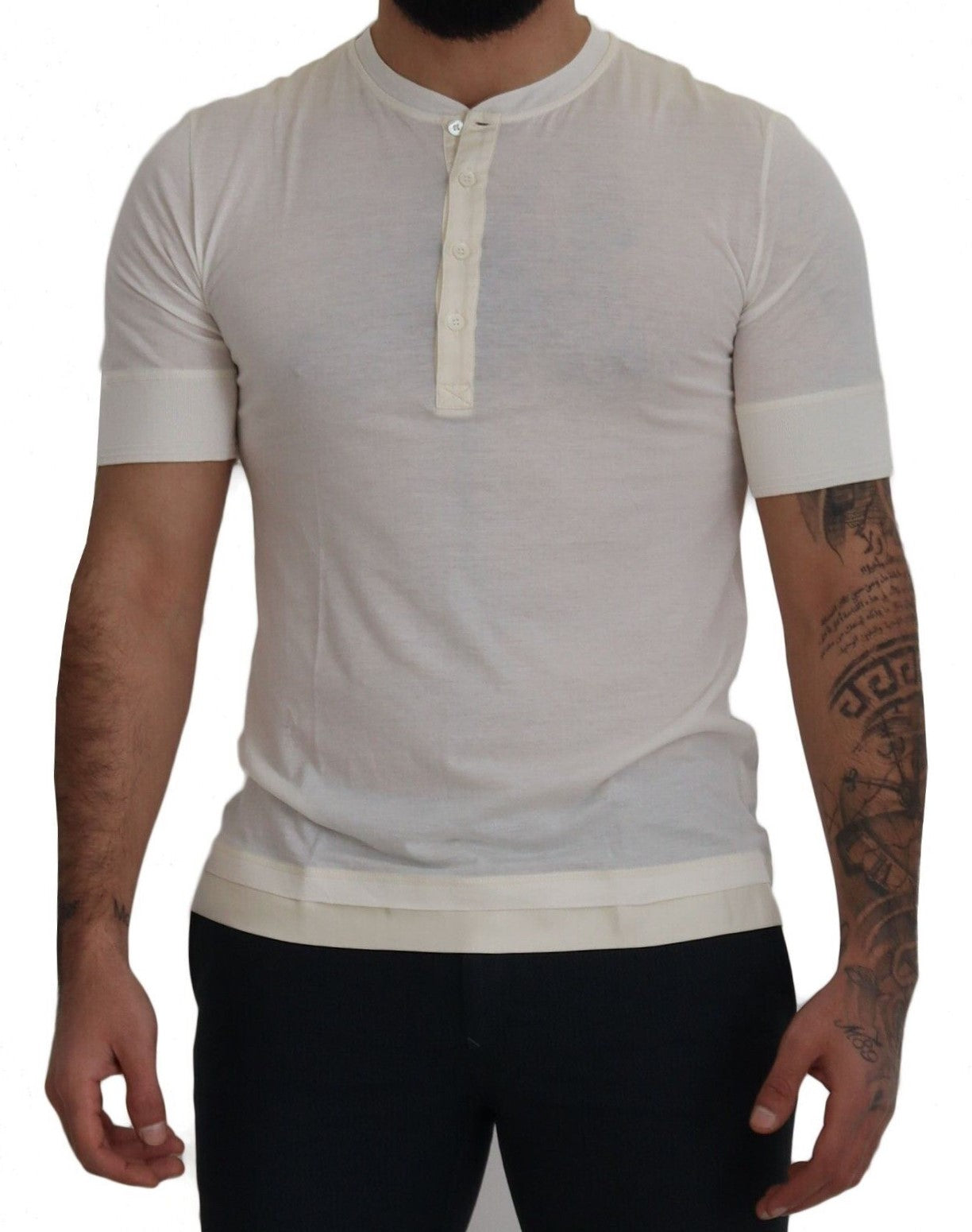 White Short Button Closure Crewneck  T-shirt