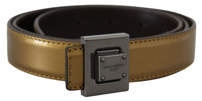 Gold Leather Silver Square Metal Buckle Belt