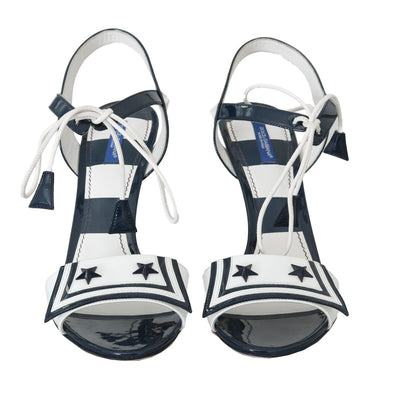 White Blue Stripes Leather Heels Sandals Shoes