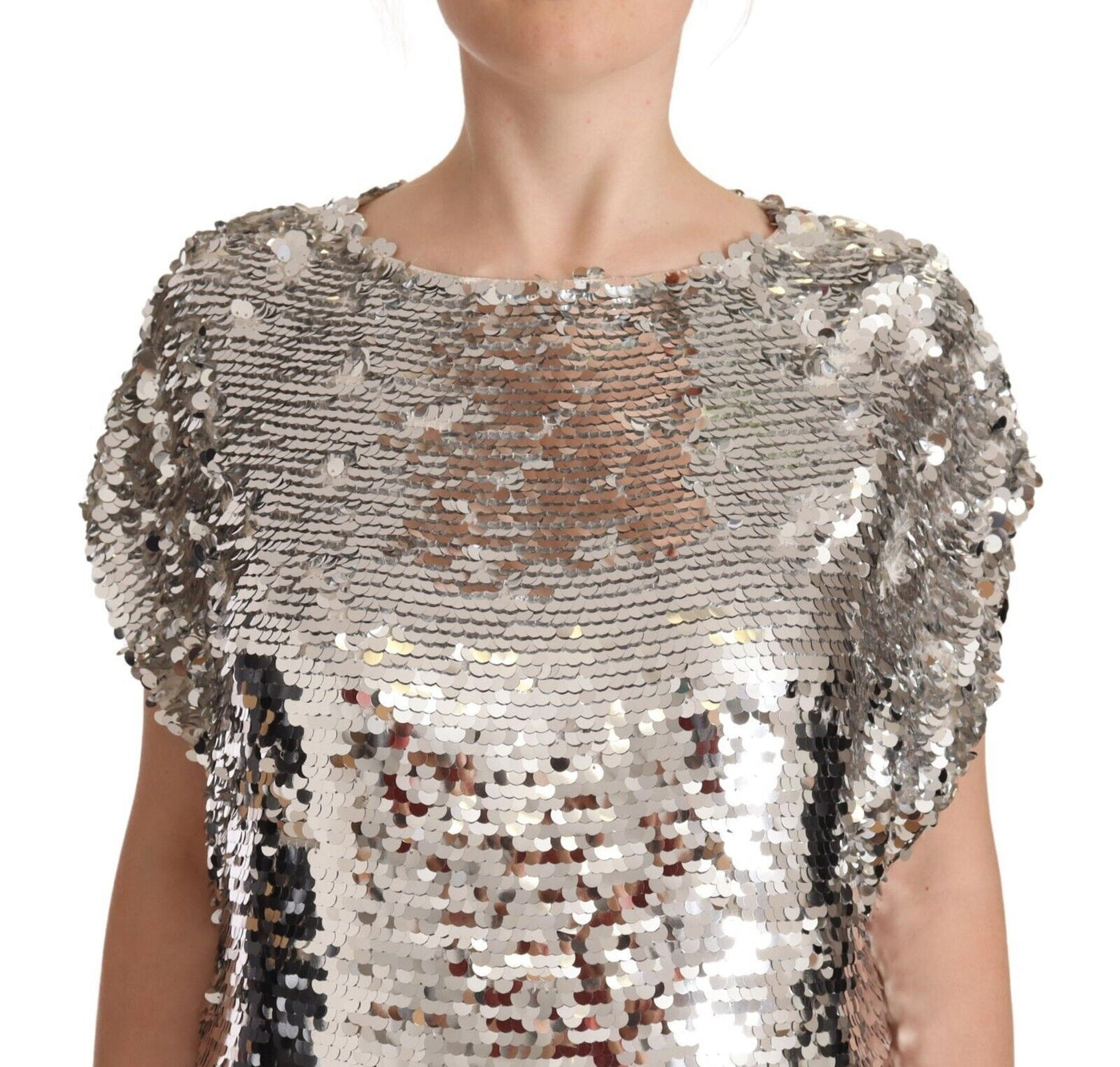 Silver Sequined Polyester Short Sleeves Shift Mini Dress