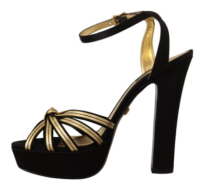 Black Gold Viscose Ankle Strap Heels Sandals Shoes