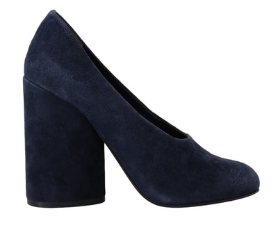 Navy Blue Suede Leather Block Heels Pumps Shoes