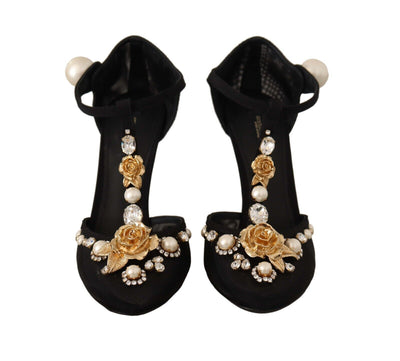 Black Faux Pearl Crystal Vally Heels Sandals Shoes