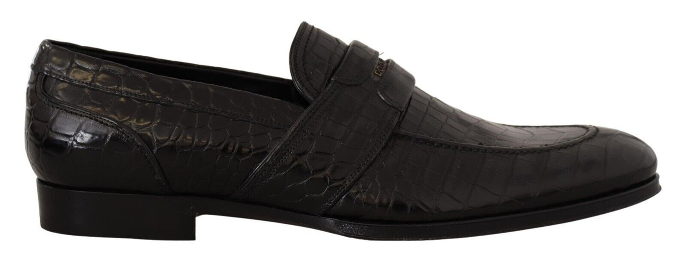 Black Crocodile Leather Slip On Moccasin Shoes