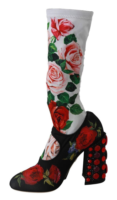 Black Floral Socks Crystal Jersey Boots Shoes