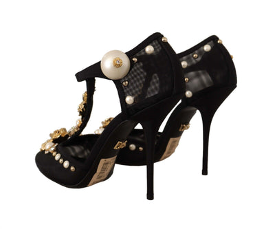 Black Faux Pearl Crystal Vally Heels Sandals Shoes