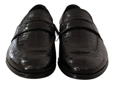 Black Crocodile Leather Slip On Moccasin Shoes