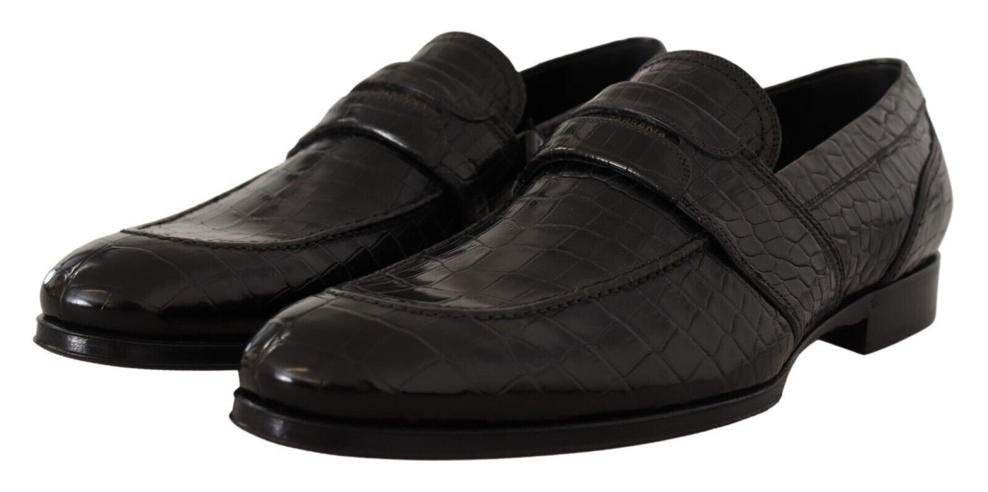 Black Crocodile Leather Slip On Moccasin Shoes