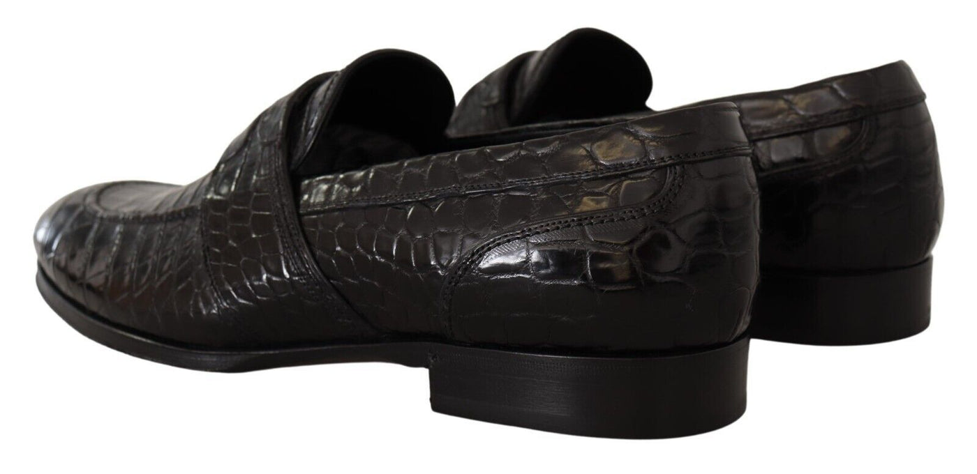 Black Crocodile Leather Slip On Moccasin Shoes