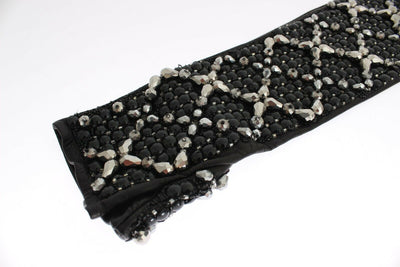 Black Leather Crystal Beaded Finger Free Gloves